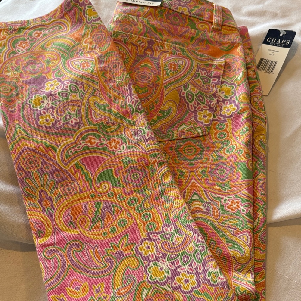 Chaps NWT Vibrant Paisley Slim Pants in Pink, Orange, Green Size 2